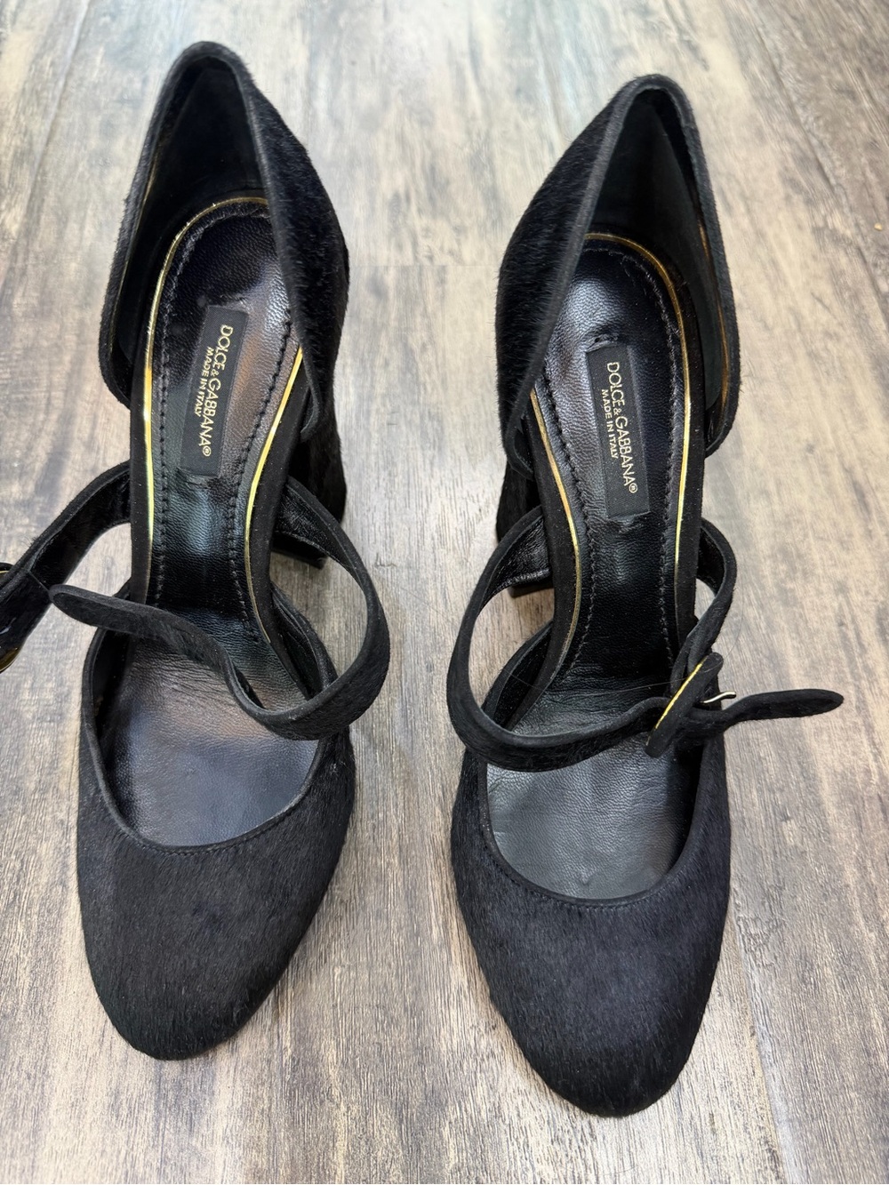 Dolce & Gabbana Black Pointed-Toe Mary Jane Heels with Ankle Strap